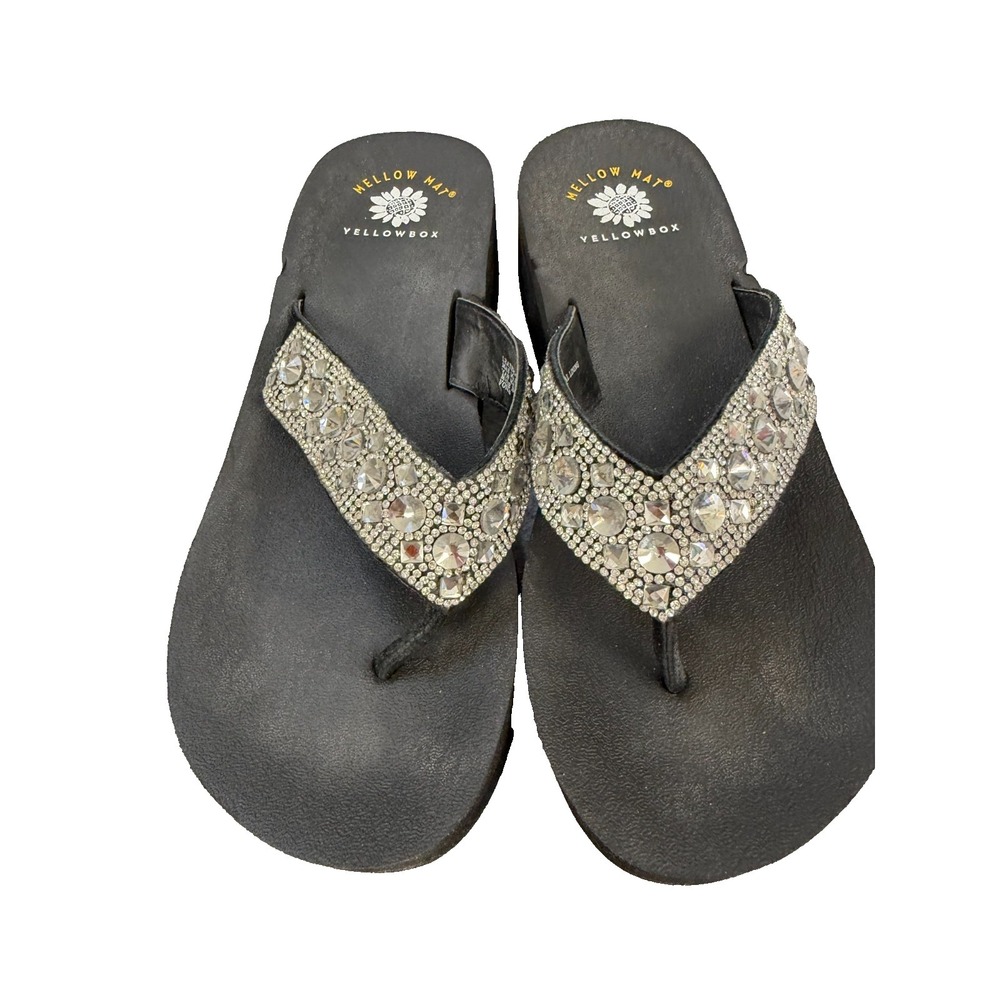 Yellow Box 9M Wedge Flip Flops Gray Sparkle Rhinestone Jewel Embellished Sandals